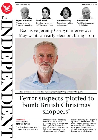 The Independent Newspaper Front Page for 24 December 2016