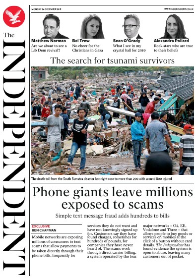 The Independent Newspaper Front Page for 24 December 2018