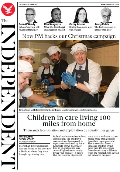 The Independent Newspaper Front Page for 24 December 2019