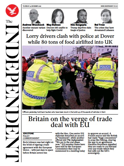 The Independent Newspaper Front Page for 24 December 2020