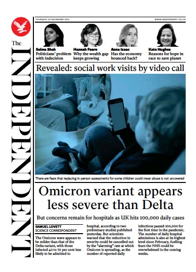 The Independent (UK) Newspaper Front Page for 24 December 2021