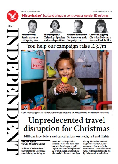 The Independent Newspaper Front Page for 24 December 2022