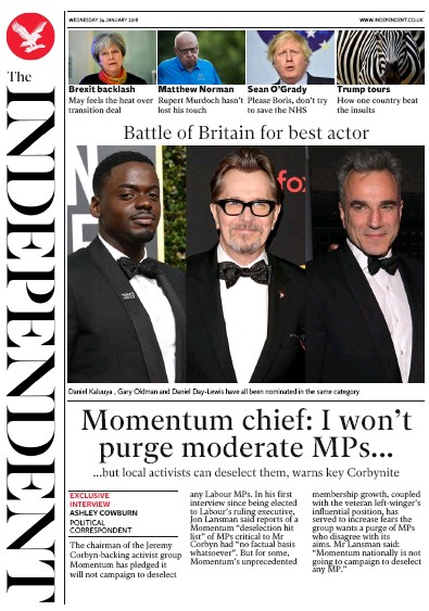 The Independent Newspaper Front Page for 24 January 2018