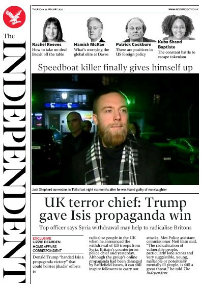 The Independent Newspaper Front Page for 24 January 2019