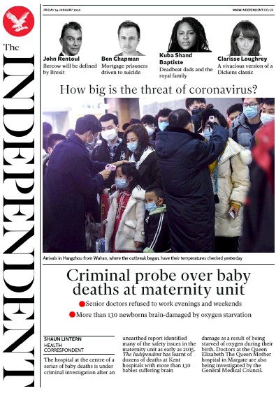 The Independent Newspaper Front Page for 24 January 2020