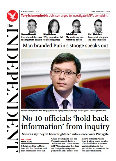 The Independent (UK) Newspaper Front Page for 24 January 2022