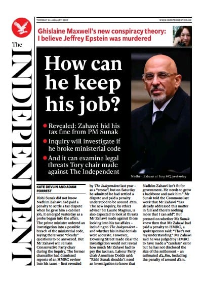 The Independent (UK) Newspaper Front Page for 24 January 2023