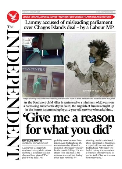The Independent (UK) Newspaper Front Page for 24 January 2025