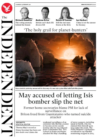 The Independent Newspaper Front Page for 24 February 2017
