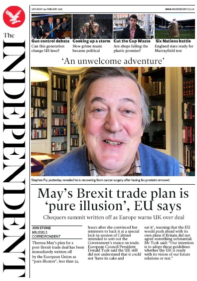 The Independent (UK) Newspaper Front Page for 24 February 2018