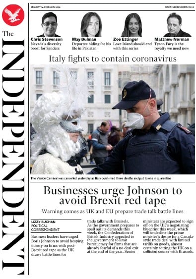 The Independent (UK) Newspaper Front Page for 24 February 2020