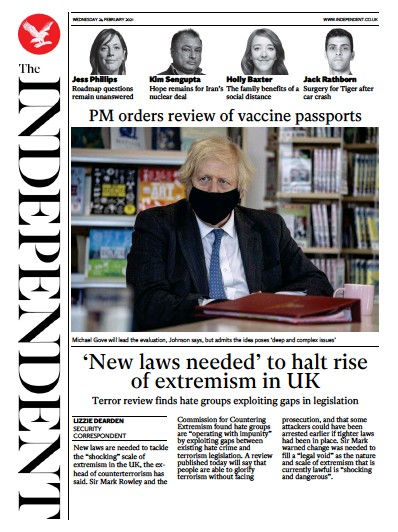 The Independent (UK) Newspaper Front Page for 24 February 2021