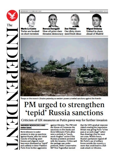 The Independent Newspaper Front Page for 24 February 2022