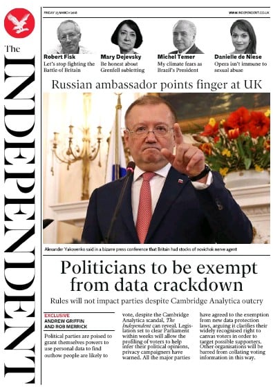 The Independent Newspaper Front Page for 24 March 2018