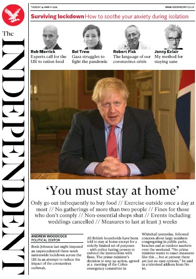 The Independent Newspaper Front Page for 24 March 2020