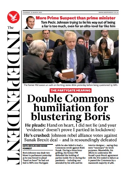 The Independent (UK) Newspaper Front Page for 24 March 2023