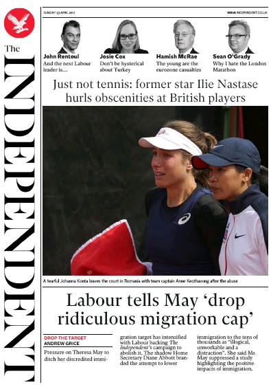 The Independent (UK) Newspaper Front Page for 24 April 2017