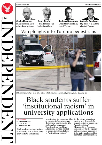 The Independent Newspaper Front Page for 24 April 2018