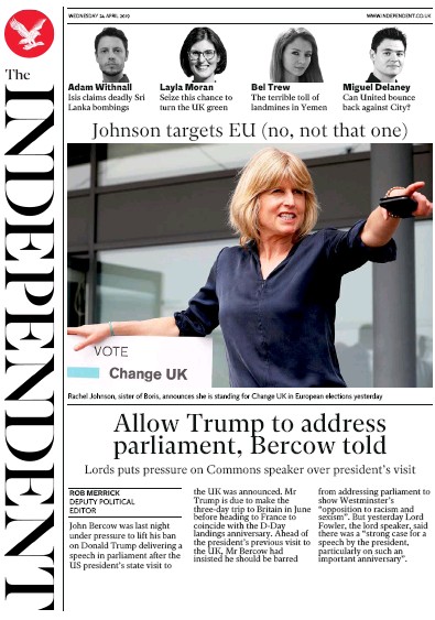 The Independent Newspaper Front Page for 24 April 2019