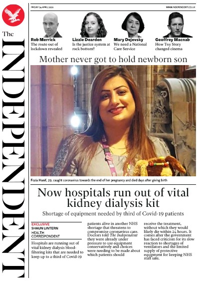 The Independent Newspaper Front Page for 24 April 2020