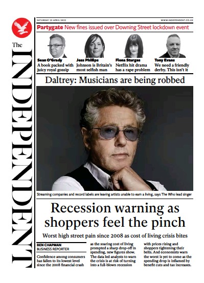 The Independent (UK) Newspaper Front Page for 24 April 2022