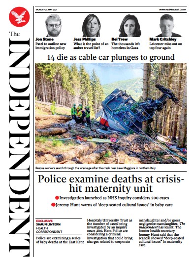 The Independent Newspaper Front Page for 24 May 2021