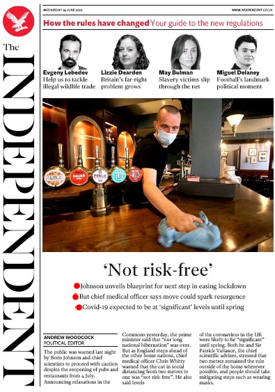 The Independent (UK) Newspaper Front Page for 24 June 2020