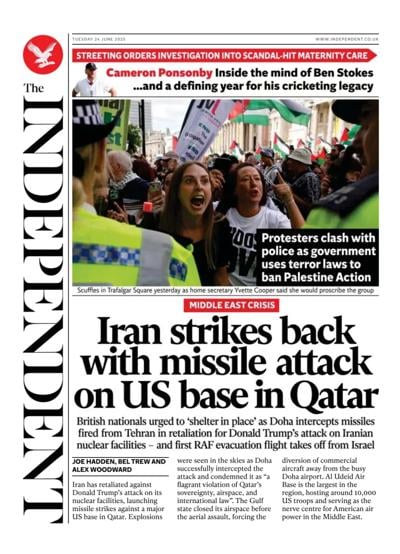 The Independent (UK) Newspaper Front Page for 24 June 2025