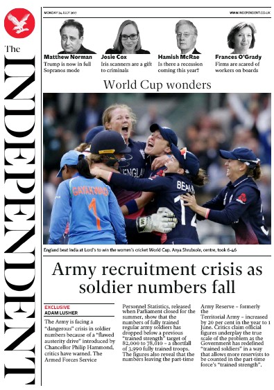 The Independent (UK) Newspaper Front Page for 24 July 2017