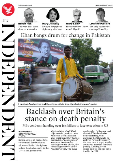 The Independent Newspaper Front Page for 24 July 2018