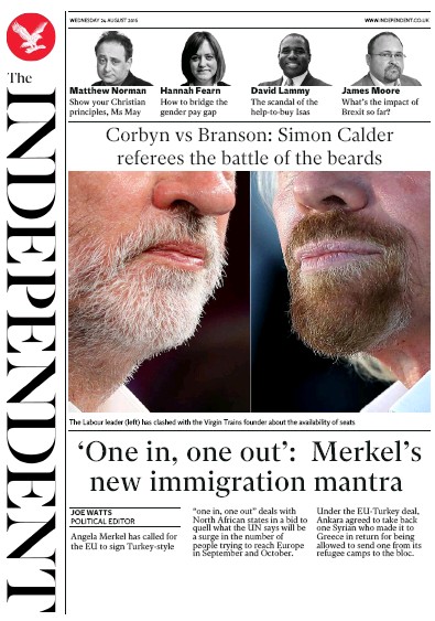 The Independent Newspaper Front Page for 24 August 2016