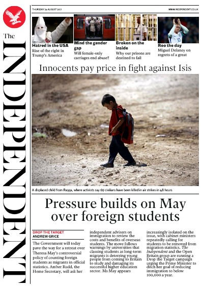 The Independent Newspaper Front Page for 24 August 2017