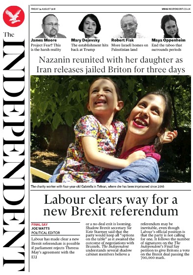 The Independent Newspaper Front Page for 24 August 2018