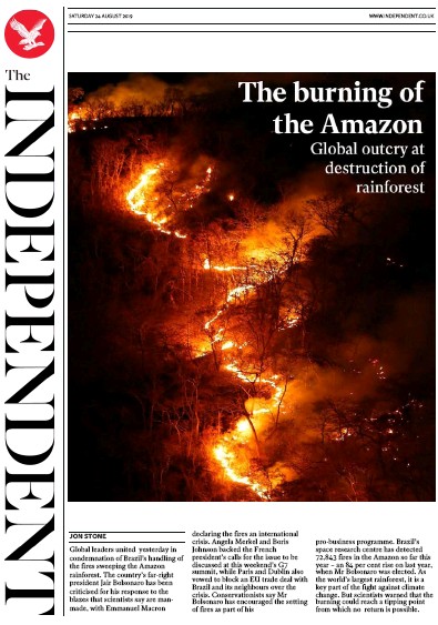 The Independent Newspaper Front Page for 24 August 2019