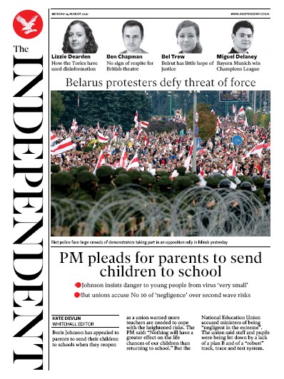The Independent Newspaper Front Page for 24 August 2020