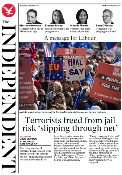 The Independent Newspaper Front Page for 24 September 2018