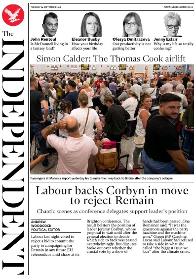 The Independent Newspaper Front Page for 24 September 2019