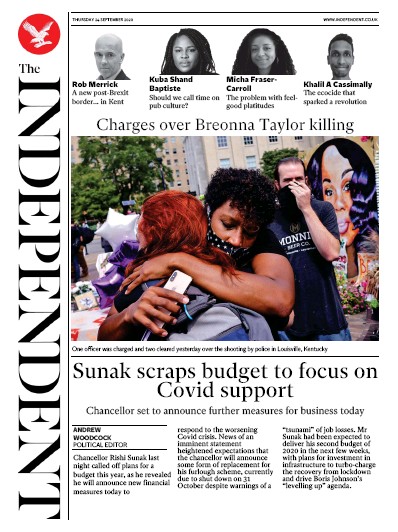 The Independent Newspaper Front Page for 24 September 2020