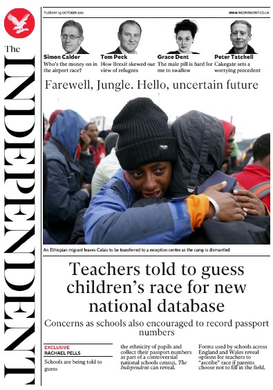 The Independent Newspaper Front Page for 25 October 2016