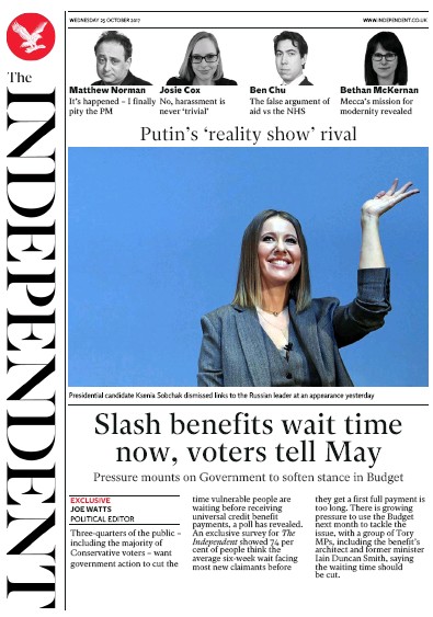 The Independent Newspaper Front Page for 25 October 2017