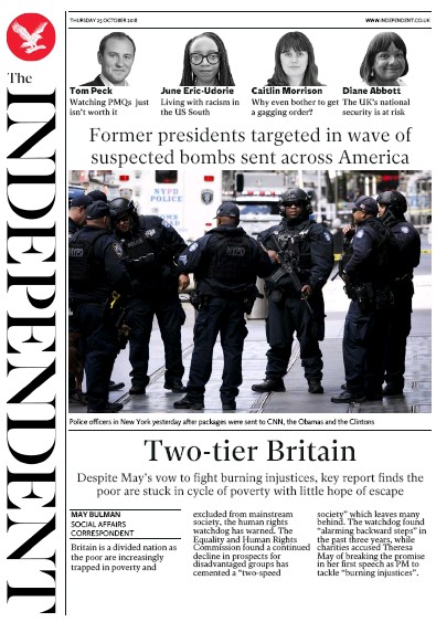 The Independent Newspaper Front Page for 25 October 2018