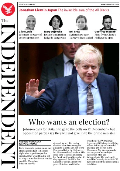 The Independent Newspaper Front Page for 25 October 2019