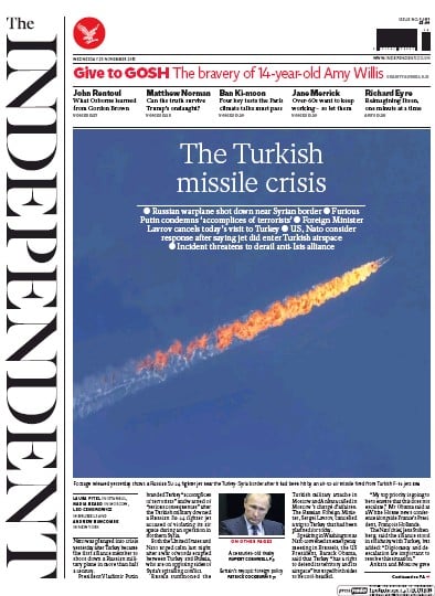 The Independent (UK) Newspaper Front Page for 25 November 2015
