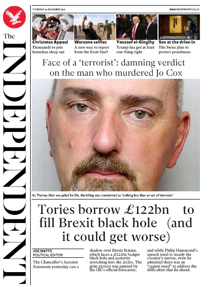 The Independent (UK) Newspaper Front Page for 25 November 2016