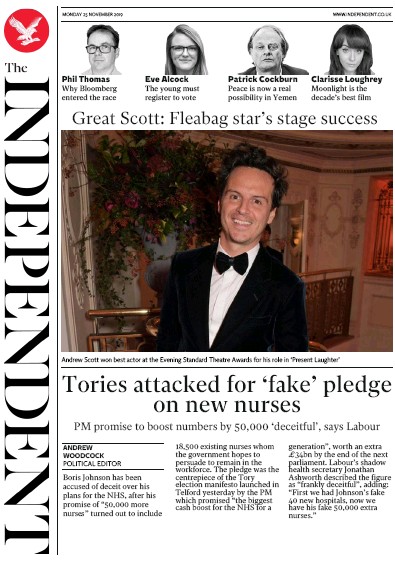 The Independent Newspaper Front Page for 25 November 2019