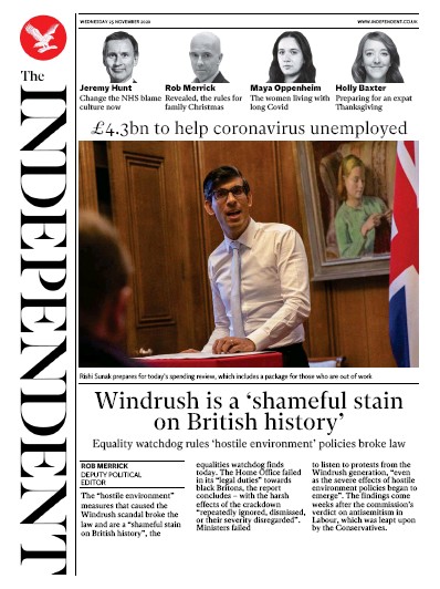 The Independent Newspaper Front Page for 25 November 2020