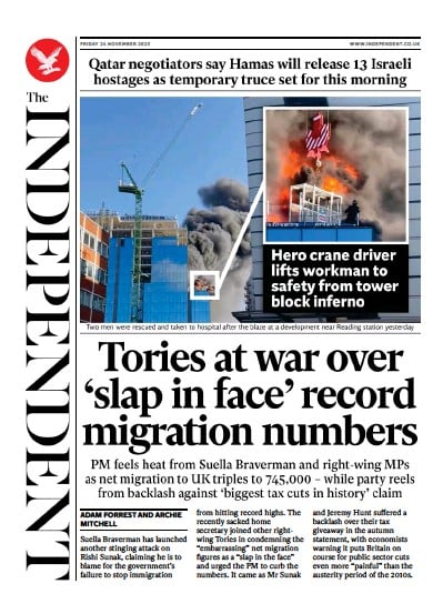 The Independent (UK) Newspaper Front Page for 25 November 2023