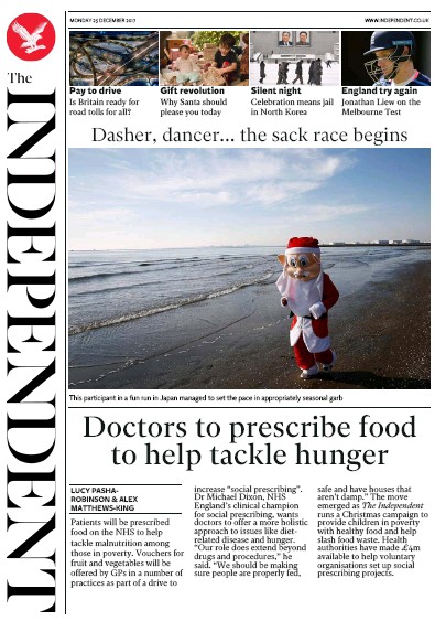 The Independent Newspaper Front Page for 25 December 2017