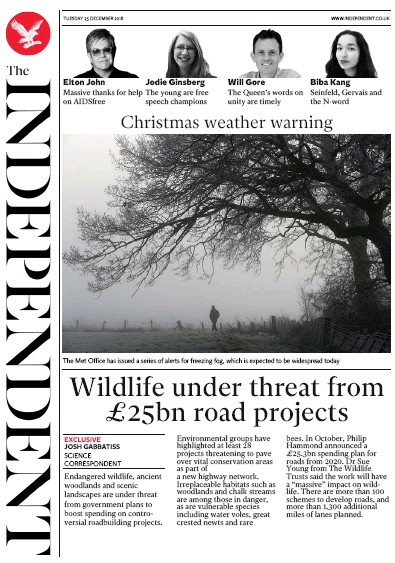 The Independent Newspaper Front Page for 25 December 2018