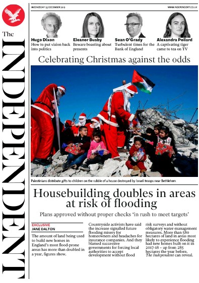 The Independent Newspaper Front Page for 25 December 2019